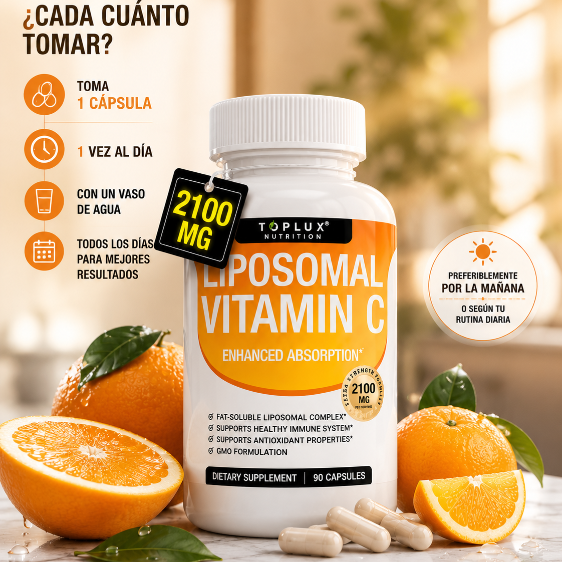 VITAMINA C LIPOSOMAL - 90 Cápsulas  Máxima absorción y protección avanzada 🍊