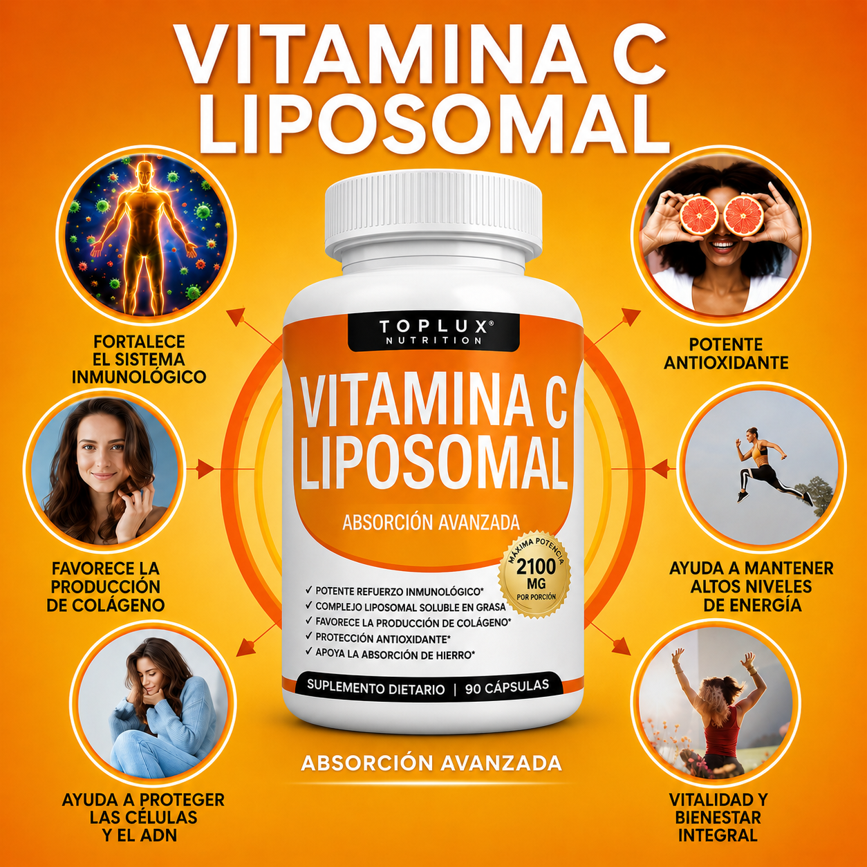 VITAMINA C LIPOSOMAL - 90 Cápsulas  Máxima absorción y protección avanzada 🍊